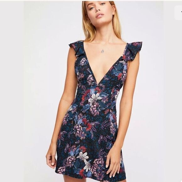 FREE PEOPLE JOSIE DEEP V FLORAL ANIMAL MINI DRESS - Picture 1 of 4